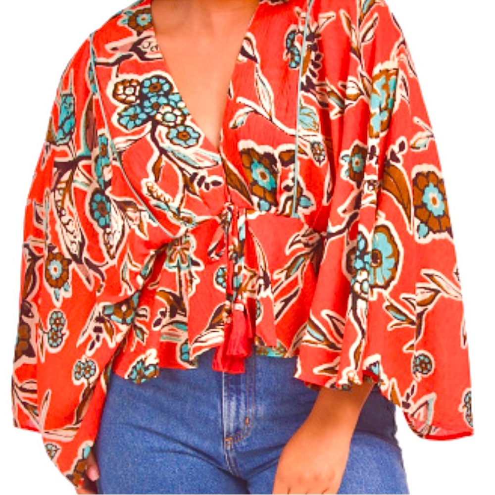 Band of the Free 3/4 Batwing Sleeve Top Small Dark Orange w/ Teal floral